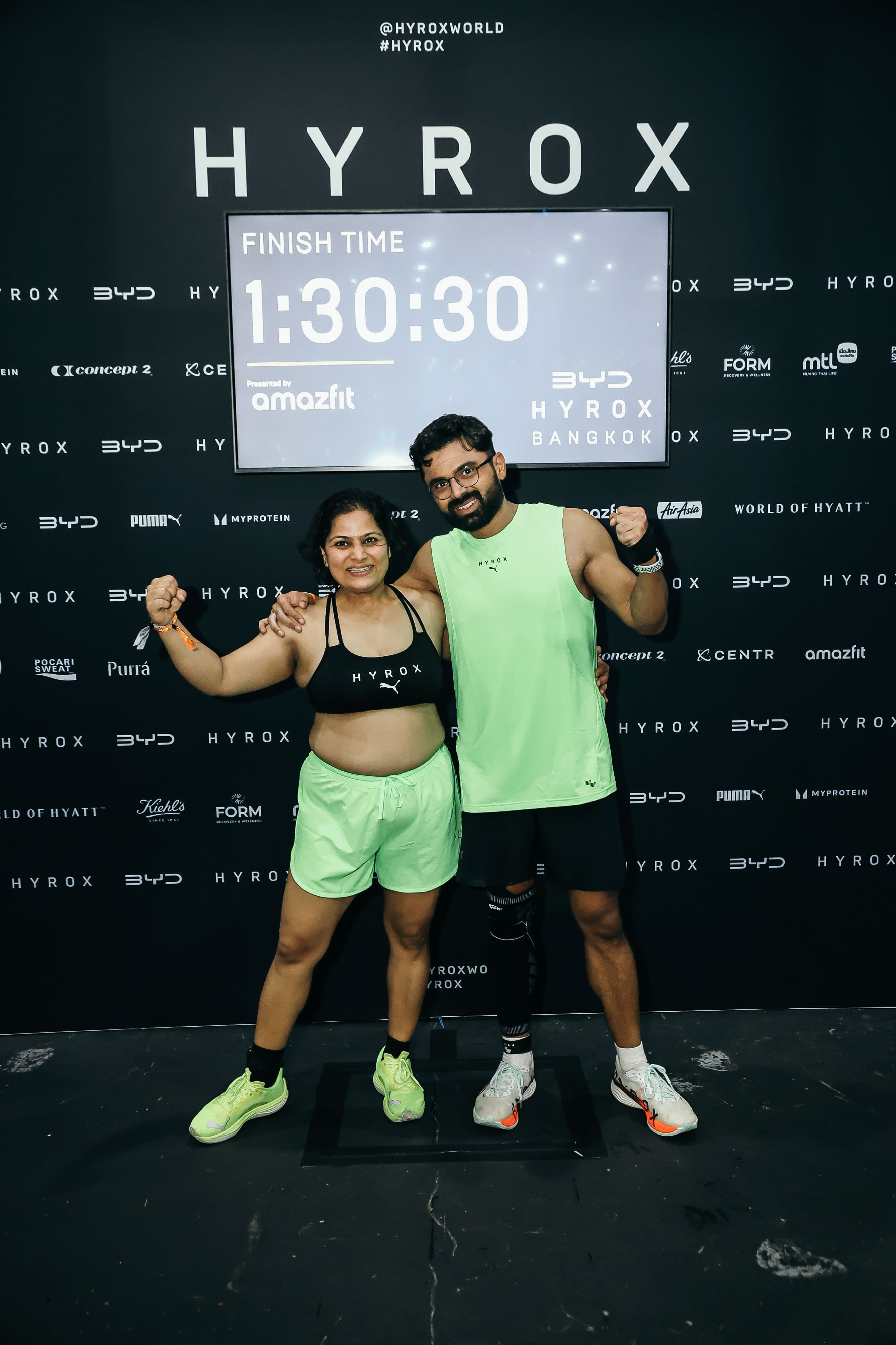 Naman and Shubhangini at the HYROX Bangkok 2026 Mixed Doubles finish — 1:30:30