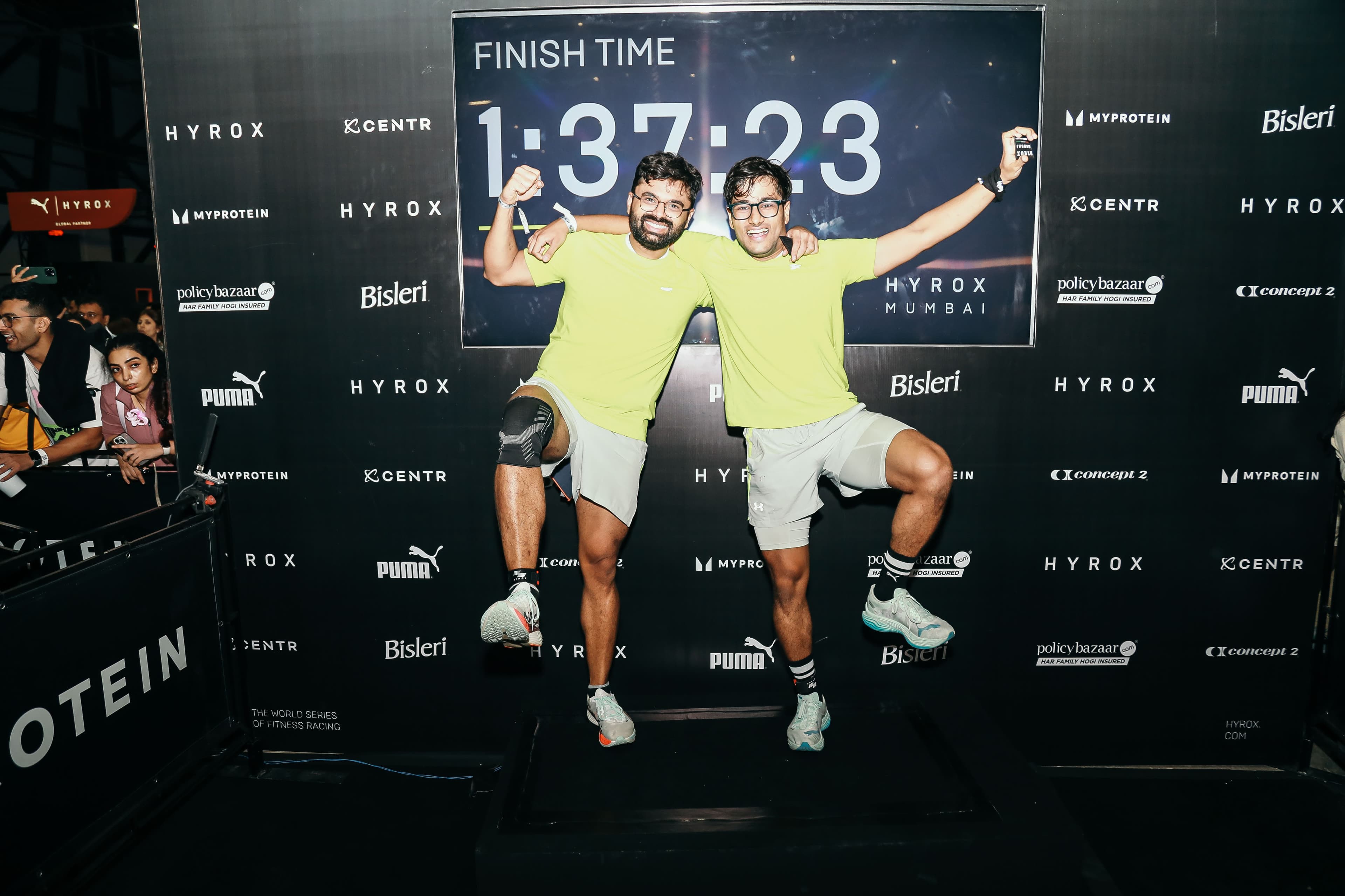 Naman and Tezuesh at the HYROX Mumbai 2025 men's doubles finish — 1:37:23